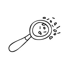 Magnifier. Bacteria, microbes under a magnifying glass. The study of viruses, microorganisms in microbiology. Doodle. Vector illustration. Hand drawn. Outline.