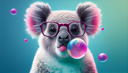 the animal blows bubbles with bubble gum