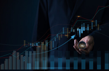 Abstract, Businessman holding compass of navigate on global economic crisis to resume business growth, Rethink, Reinvent and Recover. on graph growth background.