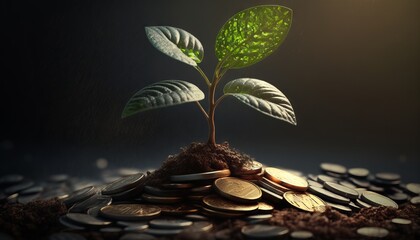 Fototapeta na wymiar Growing Money - Plant On Coins - Finance And Investment Concept. Generative ai
