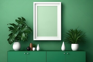 Mock up poster frame, luxury interior. Ai. Plants, decoration and accessories..