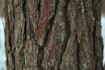 Background texture of tree bark with snow. Green tree bark with snow.