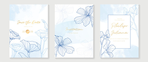 Luxury wedding invitation card background vector. Blue color theme botanical flowers line art with watercolor texture background. Design illustration for wedding and vip cover template, banner.