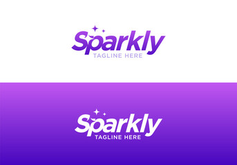 Sparkly logo lettering typography with sparkle star icons negative space modern logo purple and blue gradient colors