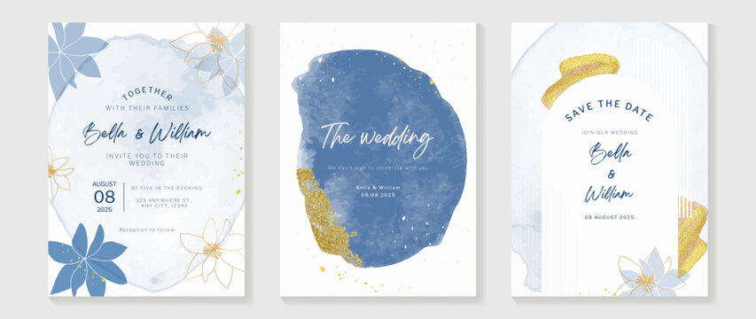Luxury wedding invitation card background vector. Hand drawn flowers with blue theme watercolor and gold glitter brush stroke texture. Design illustration for wedding and vip cover template, banner.