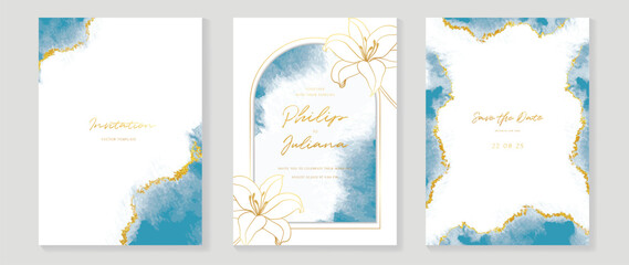 Luxury wedding invitation card background vector. Elegant lily flowers gold line art, blue watercolor and gold glitter streak texture. Design illustration for wedding and vip cover template, banner.