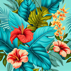 Tropical hawaiian pattern with snakes, palm leaves and hibiscus flowers