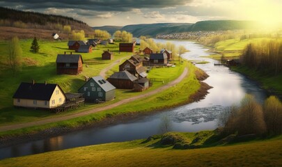  an aerial view of a small village by a river in the countryside with houses and a bridge in the foreground and a cloudy sky above.  generative ai
