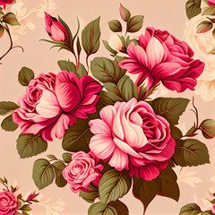 Pink rose and simple leaves. Floral botanical flower. Seamless background pattern. Fabric wallpaper print texture on bright pink background