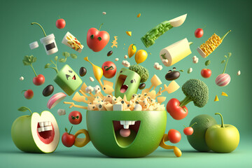 Fototapeta premium Levitation of cartoon foods screams, mouth open vegetables and fruits selection characters, healthy food, vegan and diet clean eating selection on green background Ai generative