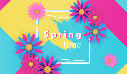Sale spring retro color vector background with colorful flowers. Floral design price coupon. Seasonal holiday on green backdrop. Decoration for banner, flyer or voucher discount.