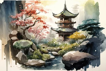 Photo sur Aluminium Gris 2 Chinese ink landscape painting created digitally Japan traditional  ink illustration background
