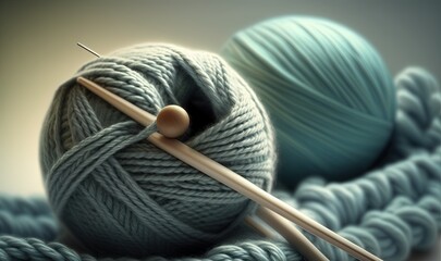  a ball of yarn and two knitting needles on a table top with a ball of yarn and two knitting needles on the table top of the yarn.  generative ai