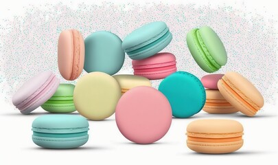  a pile of colorful macaroons on a white background with a splash of paint on the top of the macaroons and the macaroons.  generative ai