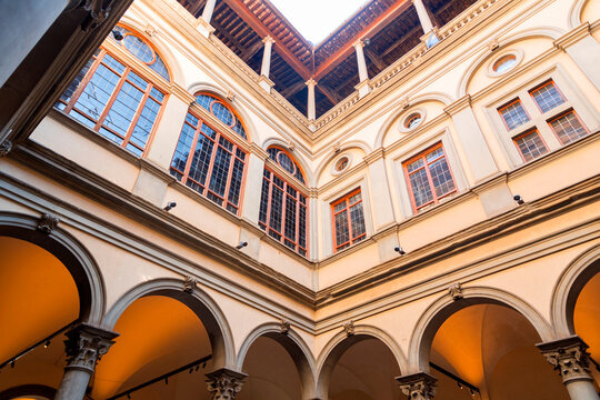 Inner courtyard of the Palazzo Strozzi, a significant historical edifice in Florence, Italy