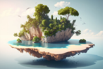 Flying tropical island with jungle and sea. Generative ai.