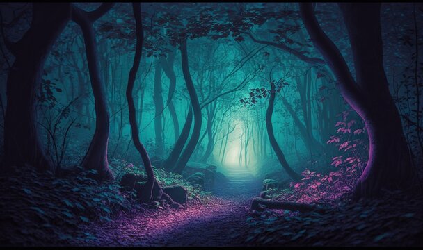  a painting of a path in a forest with a light at the end of the tunnel in the middle of the forest is a green glow.  generative ai