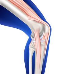 Illustration of musculoskeletal leg and knee on dark blue background, used for medical and educational use.