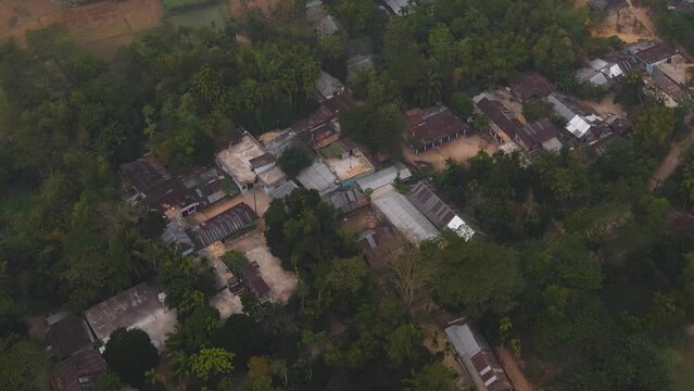 Aerial view of a poor village or a refugee camp surrounded by mud in Bangladesh