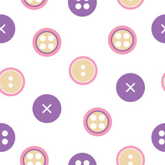 Seamless pattern with multicolored round buttons for clothes highlighted on a white background. The buttons are flat and have a contoured design. Vector illustration. Vector illustration