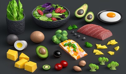  a bunch of food that is sitting on a black surface with eggs, broccoli, avocado, and other food items.  generative ai