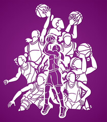 Fototapeta na wymiar Group of Basketball Women Players Action Cartoon Sport Team Graphic Vector