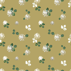 Fototapeta premium Seamless small floral pattern. White flowers on a light mustard background.