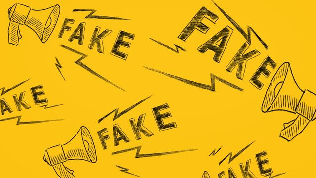 Megaphones with the word FAKE drawn on yellow background. Animated illustration. Information and disinformation concept. Fake news.