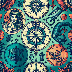 Fototapeta na wymiar Seamless pattern with old victorian baroque compass silhouettes on blue texture. Graphic nautical illustration, historical adventure concept, vintage transportation background