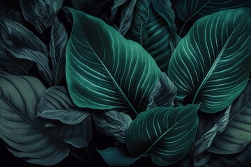 Discover the Serene Beauty of Spathiphyllum Cannifolium: A Tropical Leaf with Abstract Dark Green Texture, Generative AI.
