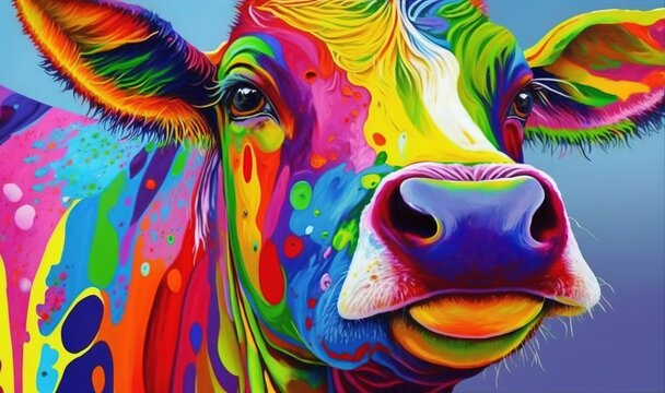  a colorful cow is shown with a blue sky in the background and colorful paint on it's face, and the cow's head is looking at the camera.  generative ai