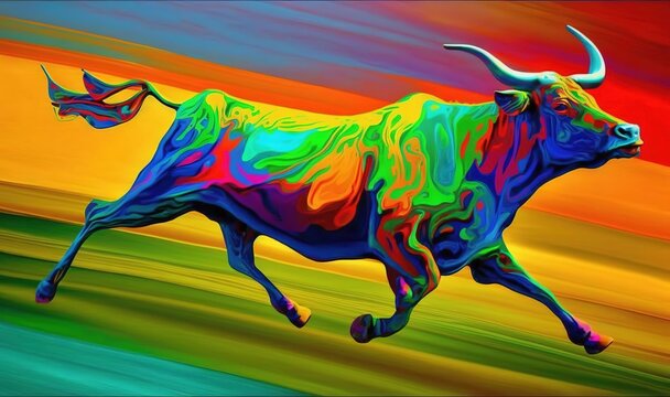  a painting of a colorful bull running in a field of grass with a red, yellow, green, blue, and orange sky in the background.  generative ai