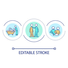 Assistance loop concept icon. Caregiver and nursing service. Routine activities support abstract idea thin line illustration. Isolated outline drawing. Editable stroke. Arial font used