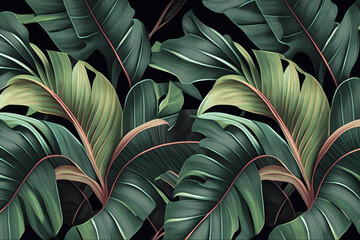 Exotic Elegance: Hand-Drawn Tropical Seamless Pattern for Luxurious Wallpapers, Fabric Printing, and More, Generative AI.