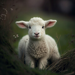 Obraz premium Cute baby lamb on spring grass field. Created with Generative AI.