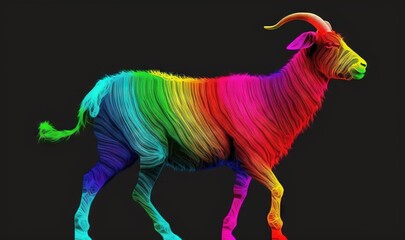  a rainbow colored goat standing on a black background with a black background and a black background with a black background and a rainbow colored goat standing on a black background.  generative ai