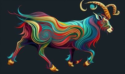  a colorful goat with a long horn on a black background with a swirly pattern on the side of its body and a spirally tail.  generative ai