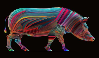  a multicolored cow is walking on a black background with a black background.  generative ai