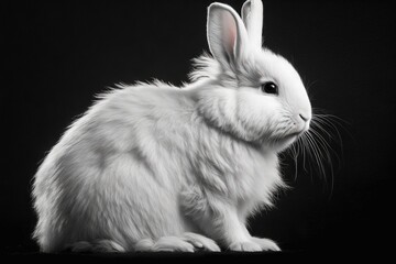  a white rabbit sitting on top of a black floor next to a black wall and a black background with a white rabbit on it's head.  generative ai