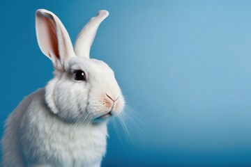  a white rabbit is sitting on a blue background and looking at the camera with a serious look on his face and ears, with a blue background.  generative ai