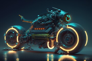 Illustration of Futuristic Cyberpunk High Tech Electric Motorcycle (Generative AI)