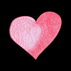 Red Heart Drawn by Colored Pencil. The Sign of World Heart Day. Symbol of Valentines Day. Heart Shape Isolated on Black Background.