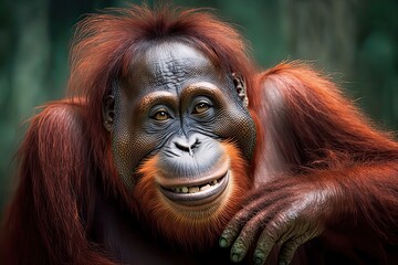 Fototapeta premium Portait of funny Orangutan, keep Smiling. Photo generative AI