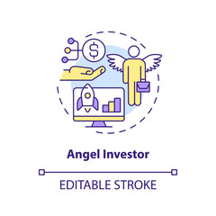 Angel investor concept icon. Engage sponsors. Tech startup financing option abstract idea thin line illustration. Isolated outline drawing. Editable stroke. Arial, Myriad Pro-Bold fonts used