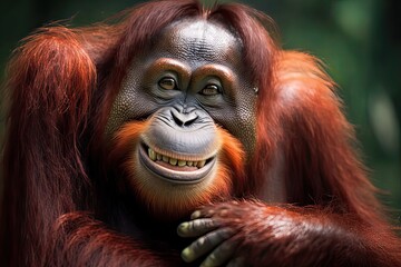 Naklejka premium Portait of funny Orangutan, keep Smiling. Photo generative AI