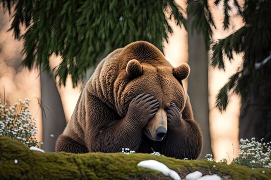 Shameful brown bear hidden face. Photo generative AI