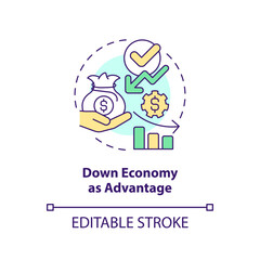 Down economy as advantage concept icon. Financial strategy. IT fundraising tip abstract idea thin line illustration. Isolated outline drawing. Editable stroke. Arial, Myriad Pro-Bold fonts used