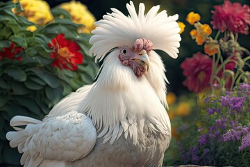 Free-Range Chicken in Flower Garden. Photo generative AI - obrazy, fototapety, plakaty