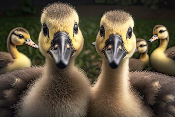 Funny portrait of inquisitive goslings and family. Photo generative AI