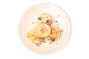 Concept of tasty sweet food, cheese pancakes, isolated on white background